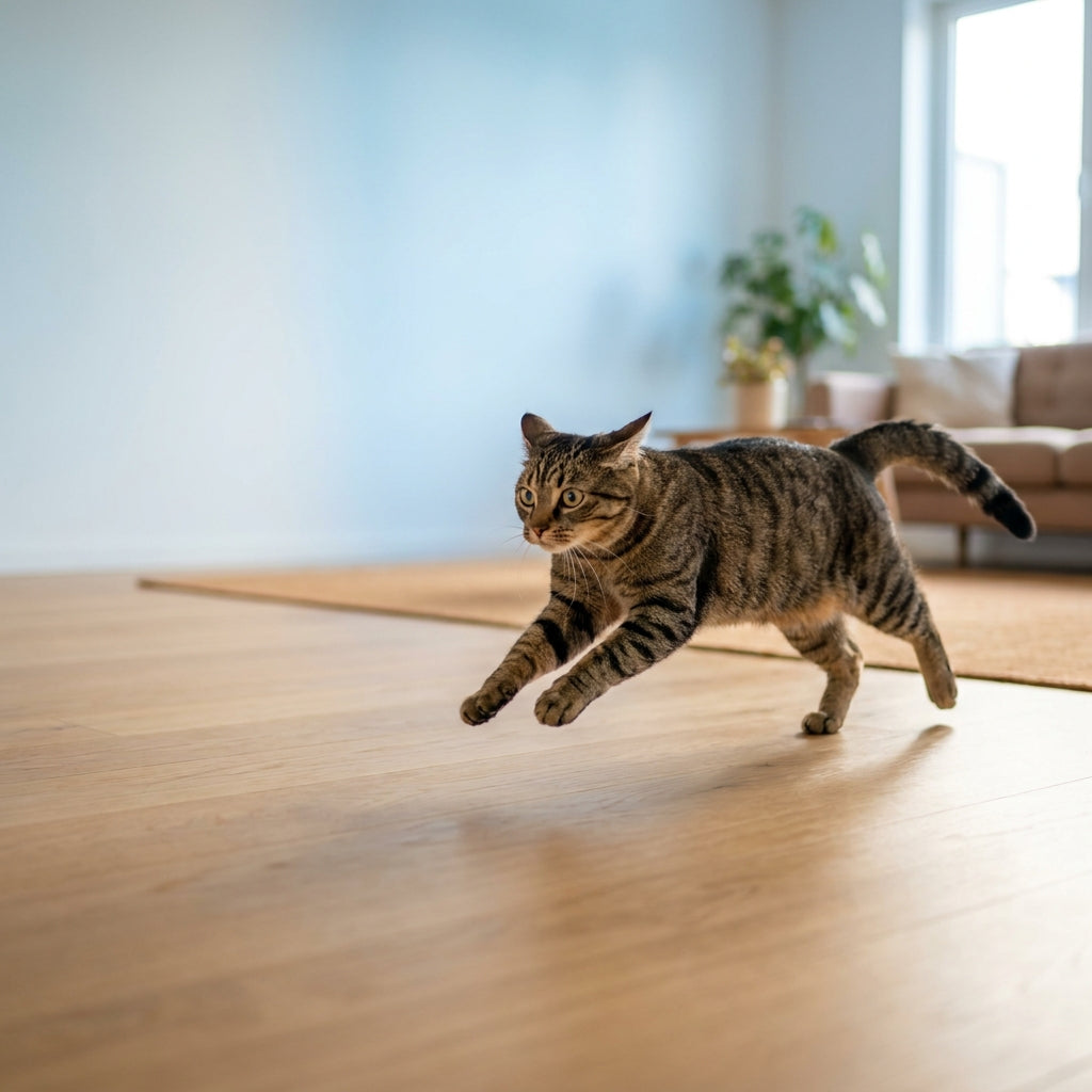 A tabby cat mid-sprint and pounce across a room during a nighttime zoomies episode, captured in CATSUMO's sky blue and warm tan brand colors