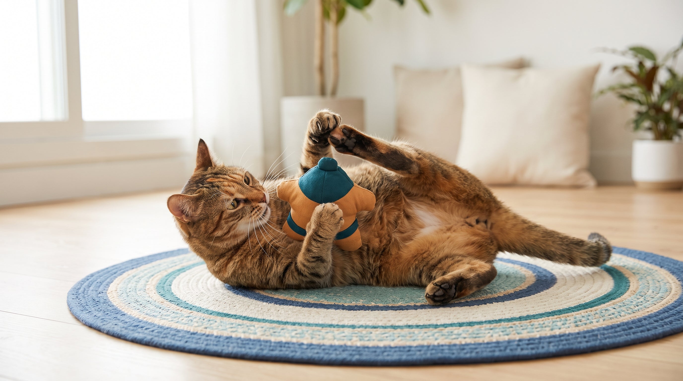 A tabby cat mid-bunny-kick, gripping a wearable cat toy on a soft sumo-styled play mat in CATSUMO's sky blue and warm tan colors, illustrating normal cat play behavior