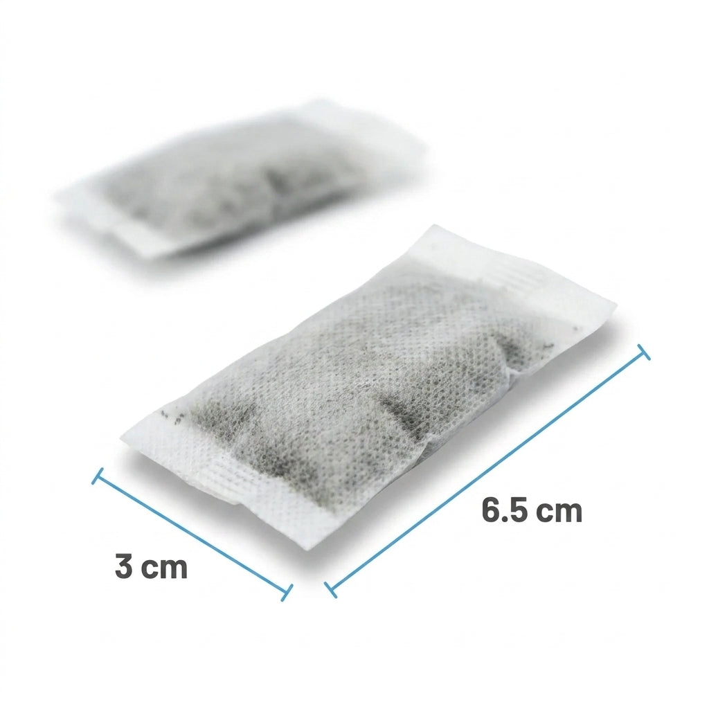 Single CATSUMO catnip sachet shown to scale with 3 cm by 6.5 cm dimensions