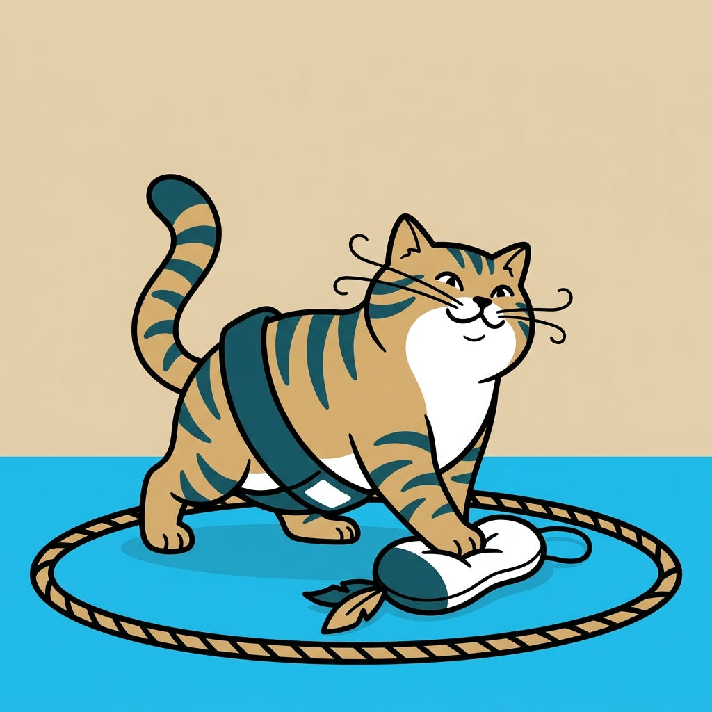 Illustrated CATSUMO cat in a sumo-style victory pose standing over a toy inside a ring, representing a completed play catch