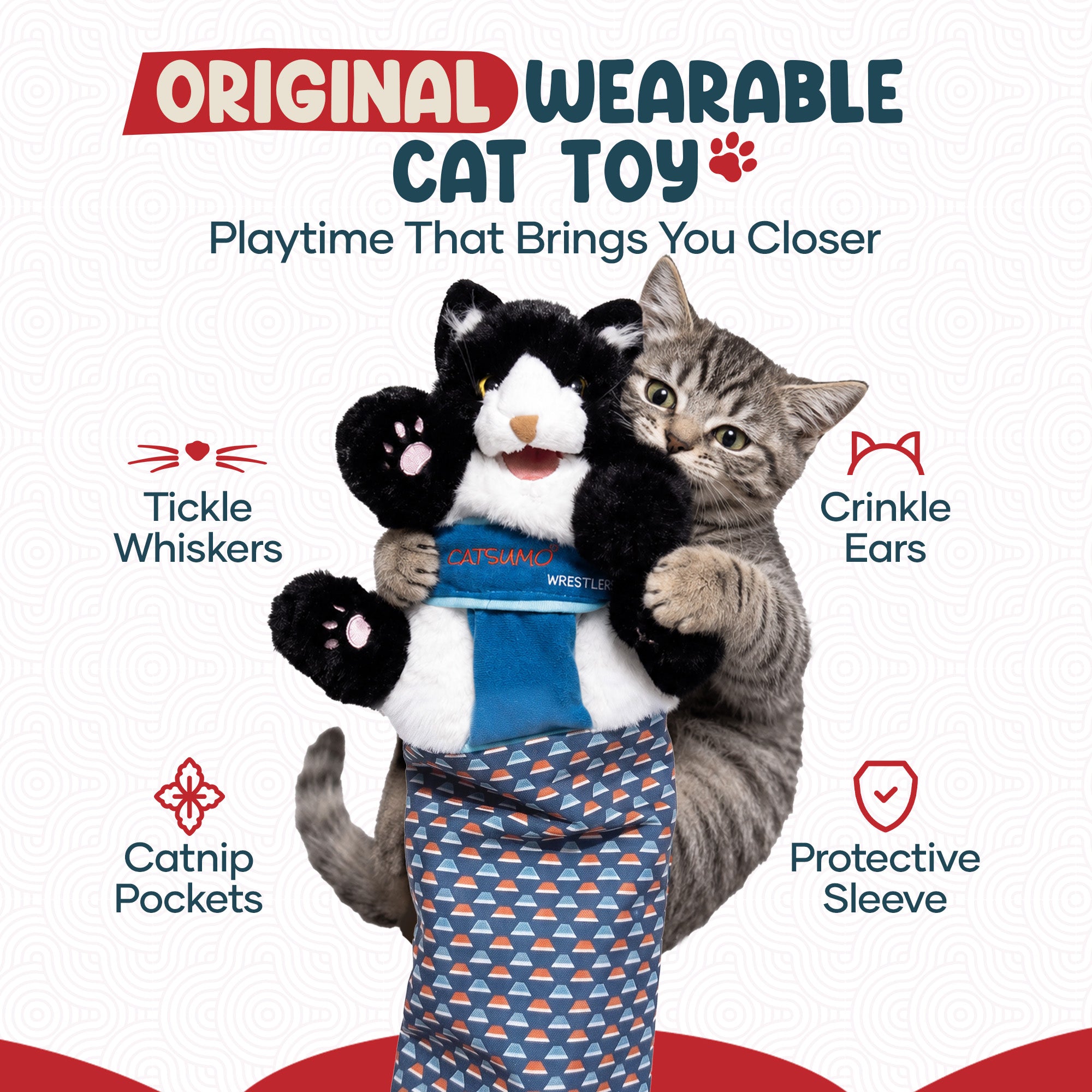 Catsumo Wrestler features: crinkle ears, tickle whiskers, catnip pockets and a protective sleeve