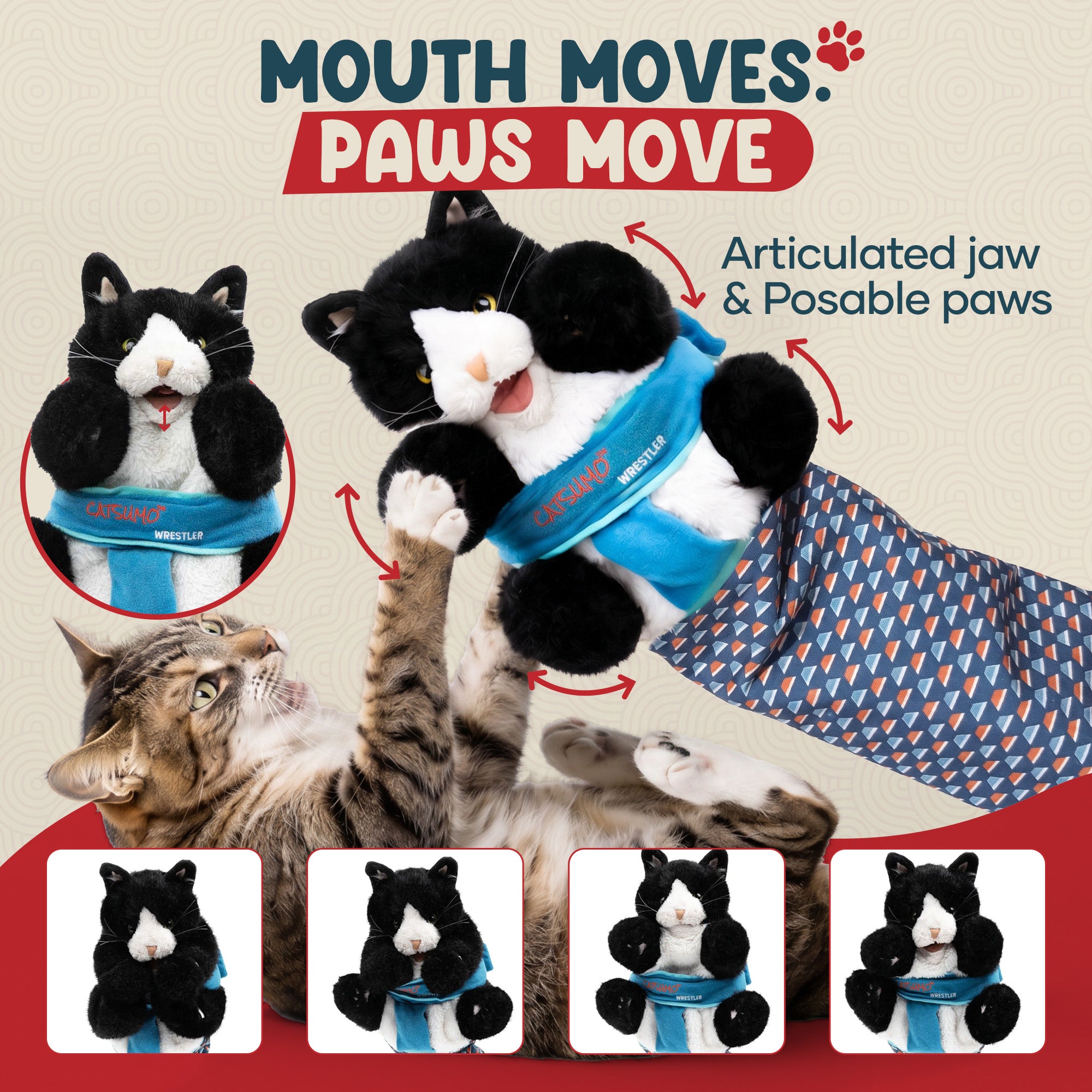 Catsumo Wrestler puppet showing its articulated jaw and posable paws in use with a cat